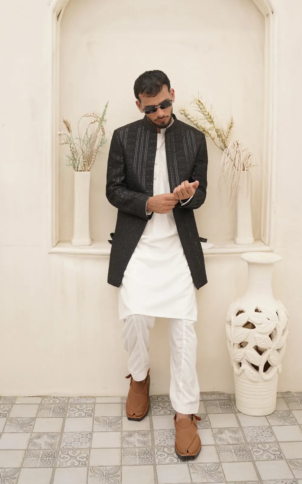 Black Textured Silky Embroidery Open Coat