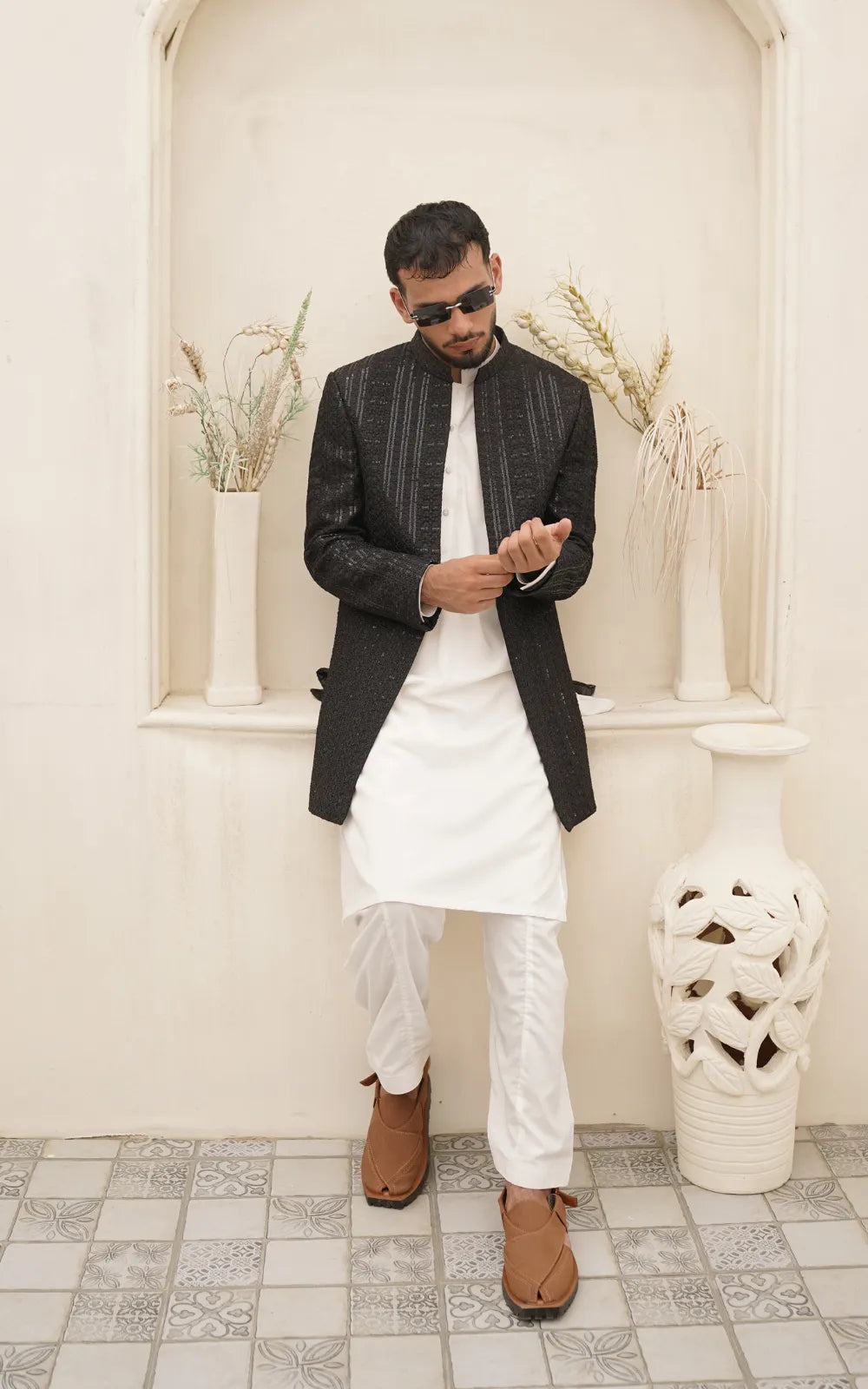 Textured Silky Embroidery Open Coat – Custom Size