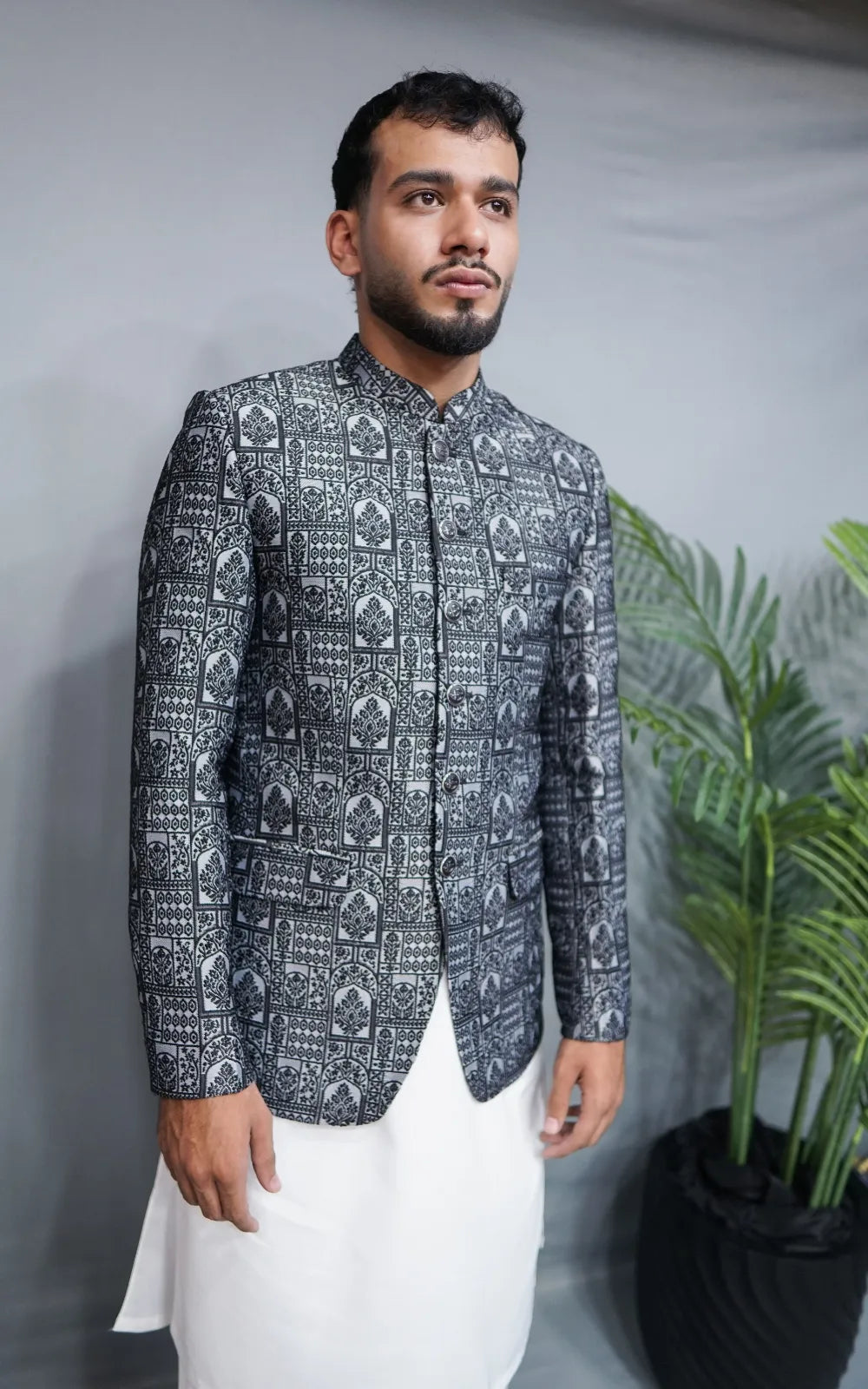 Grey & Black Patterned Prince Coat