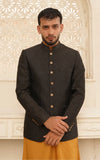 Dark Black Self Embossed Jamawar Prince Coat