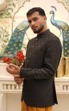 Black Self Embossed Jamawar Prince Coat for Wedding Events