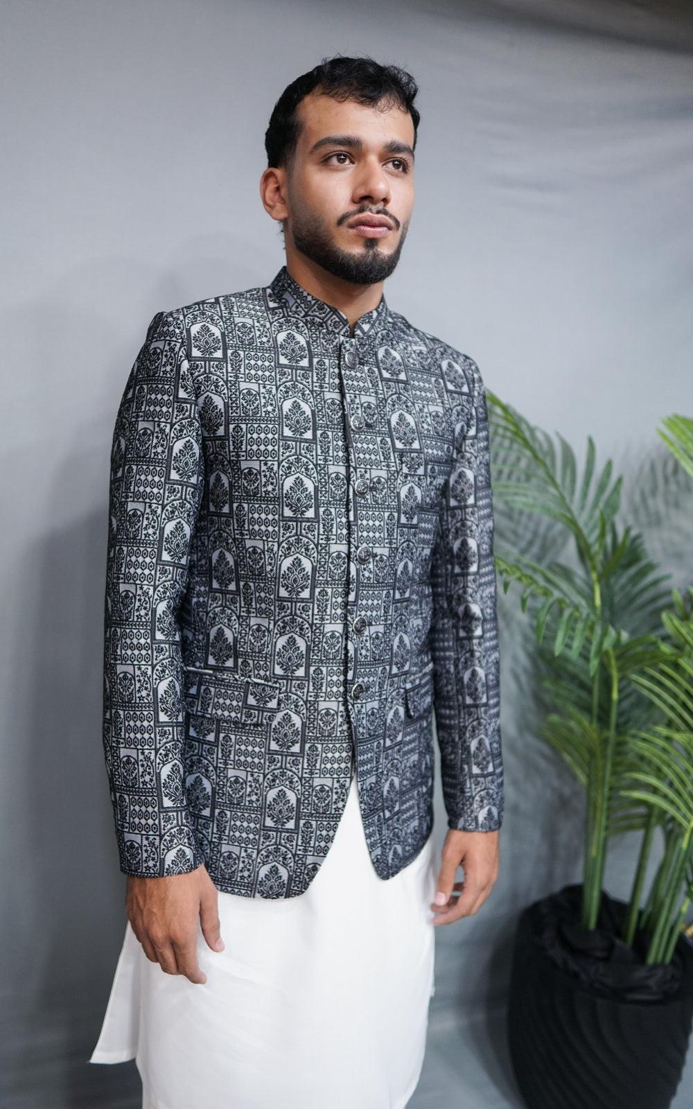 Black and Grey Self Embossed Jamawar