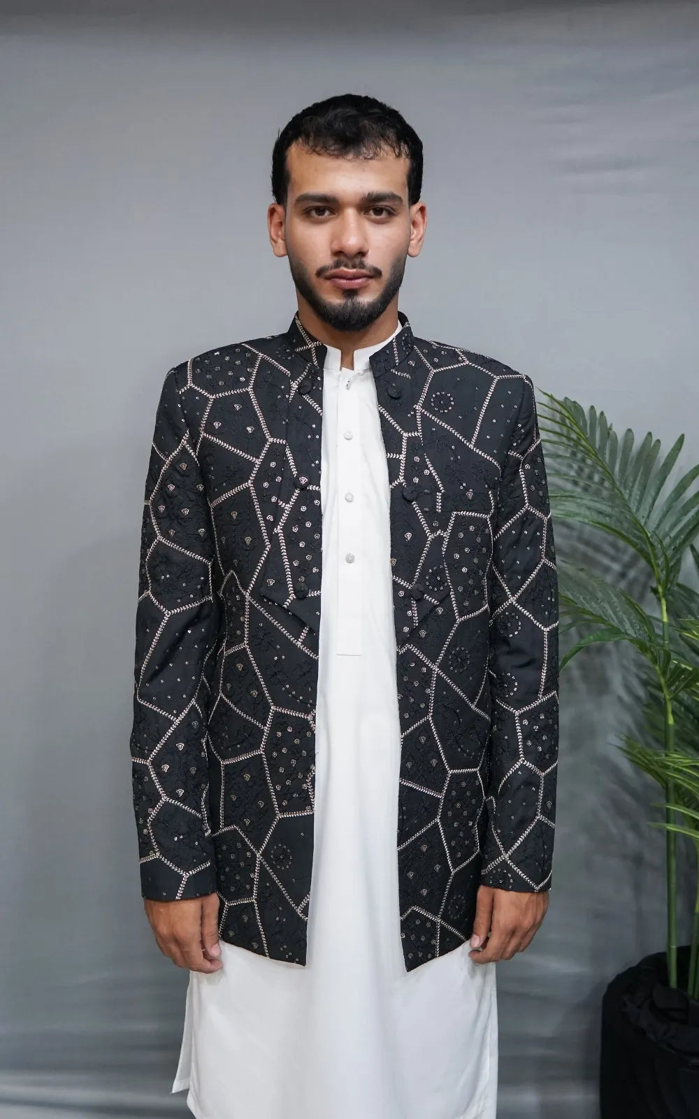 Charcoal Black Embroidered Open Coat