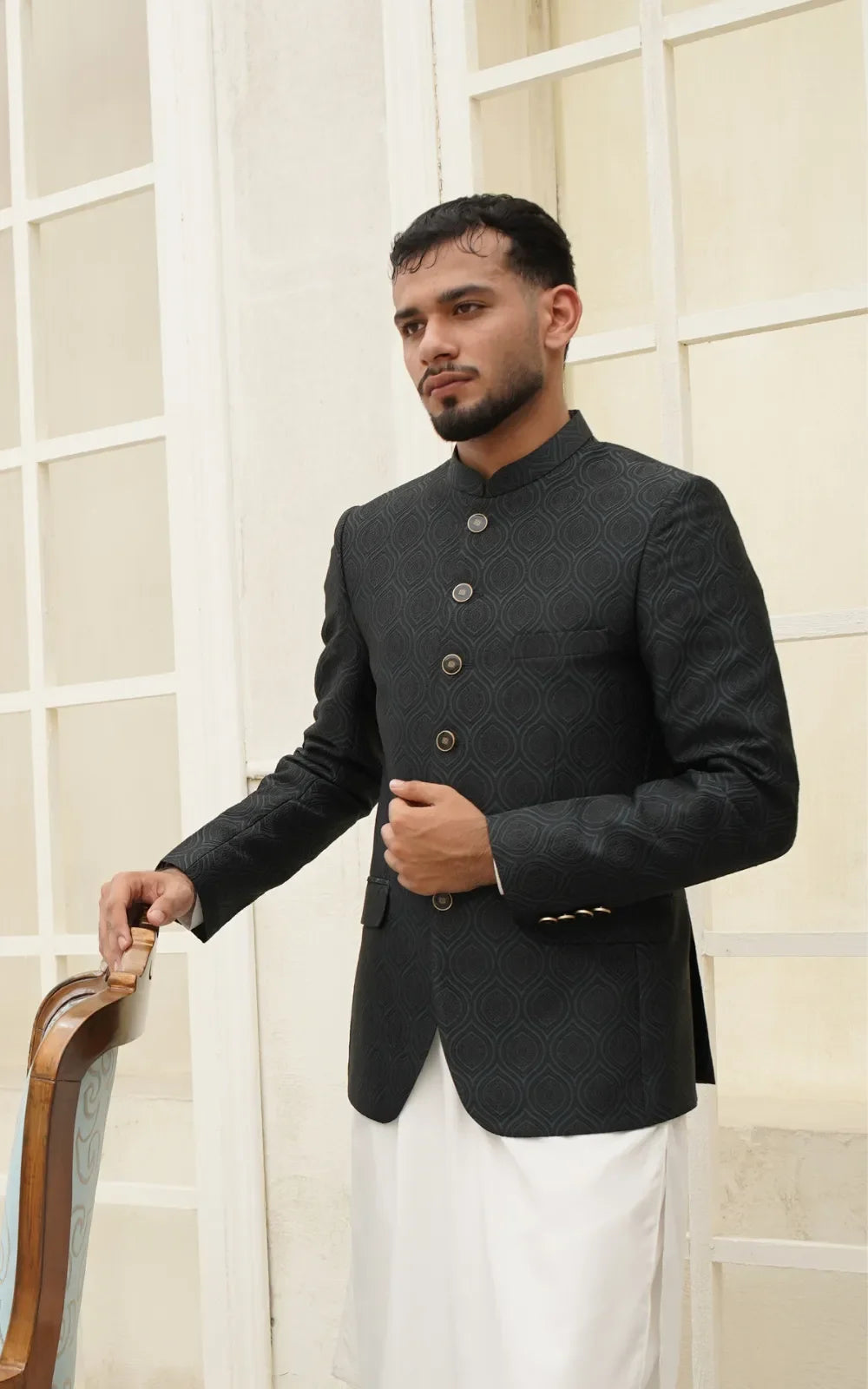 Black Jacquard Patterned Prince Coat
