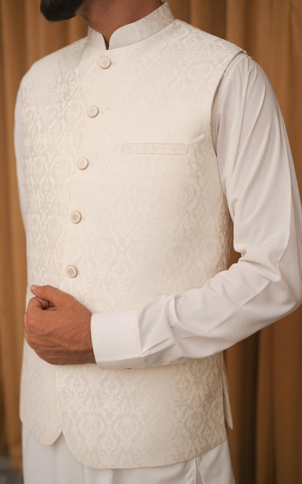 Self Embossed Jamawar Waistcoat Cream White