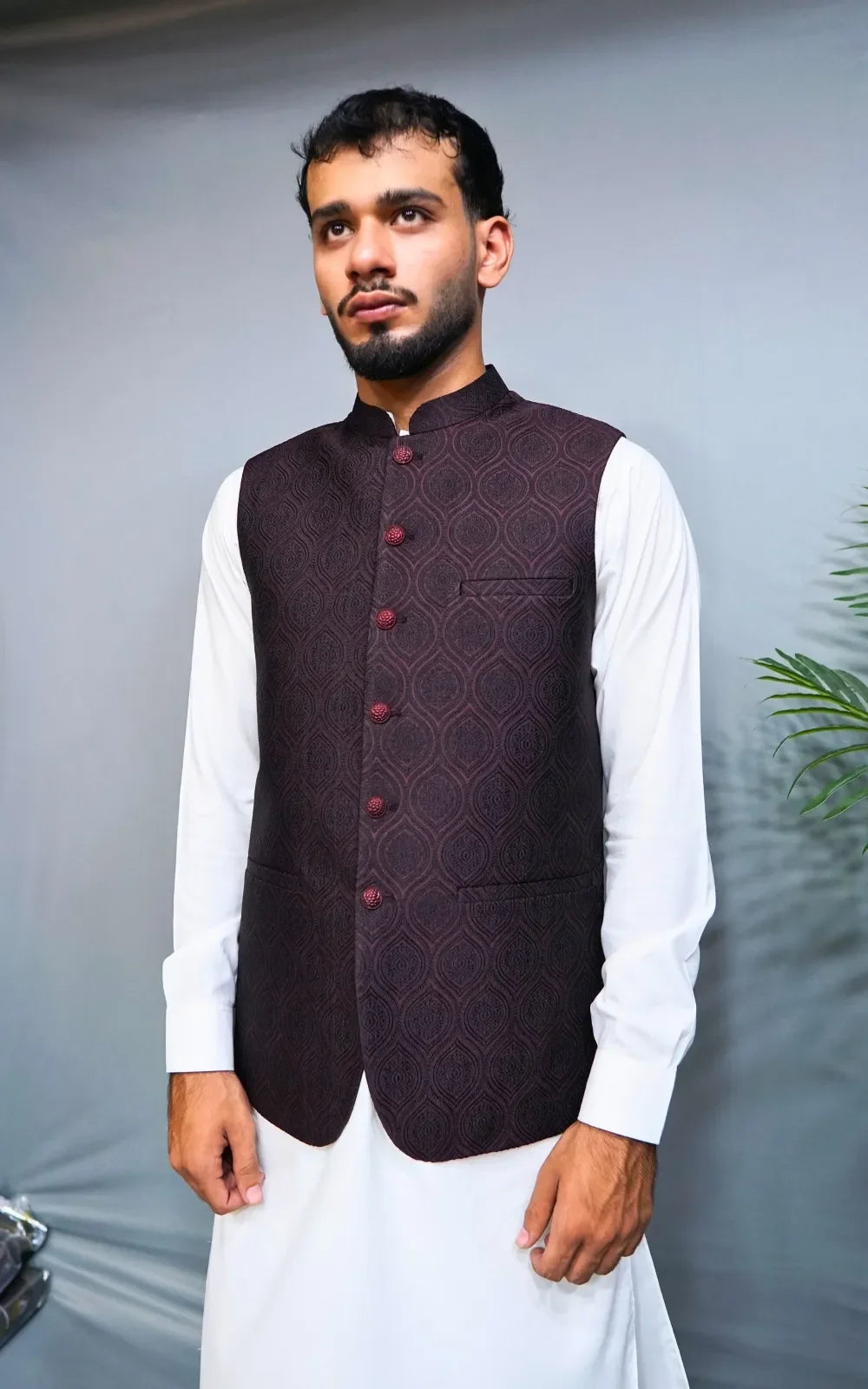 Dark Maroon Patterned Waistcoat