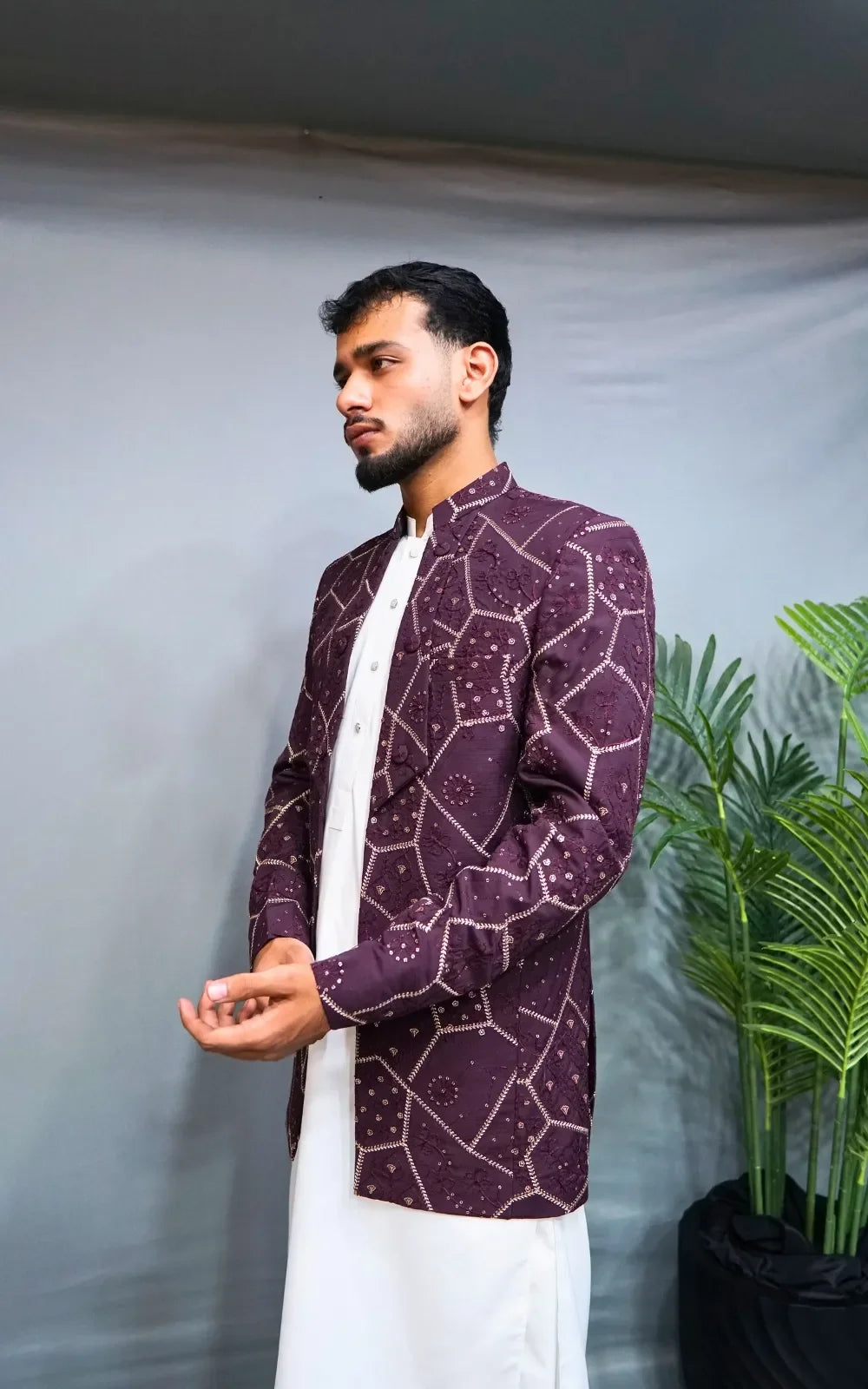 Plum Embroidered Open Coat
