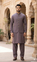 Purple Brown Shalwar Kameez with Waistcoat