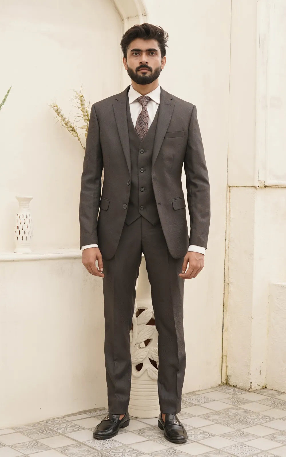 Men Slim Fit Three Piece Suit in Dark Grey