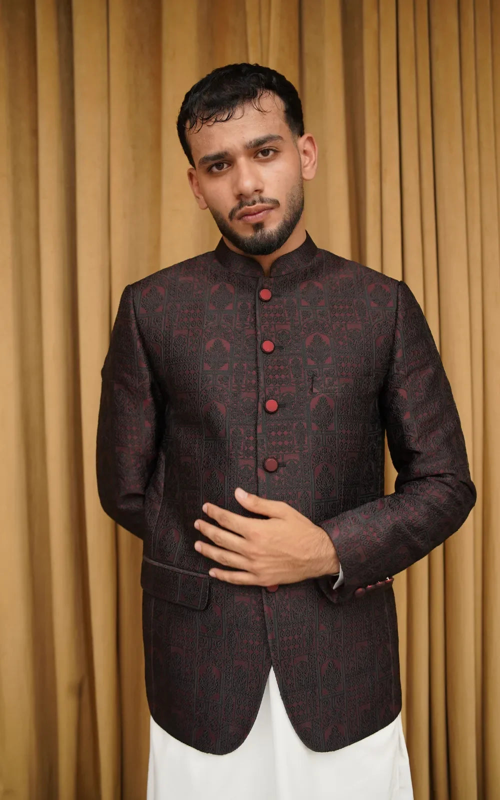 Maroon Jacquard Embroidered Prince Coat