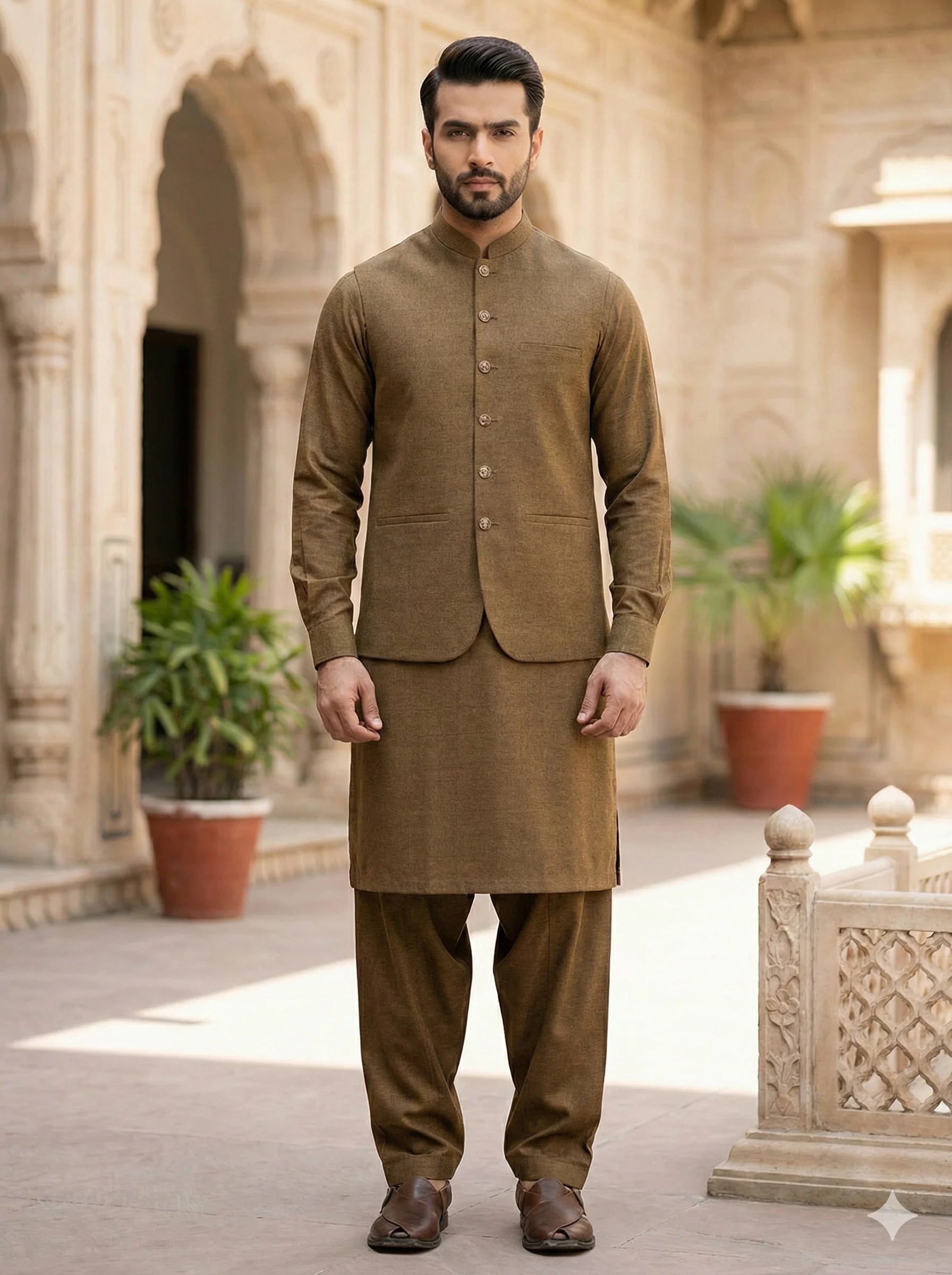 Golden Brown Shalwar Kameez with Waistcoat