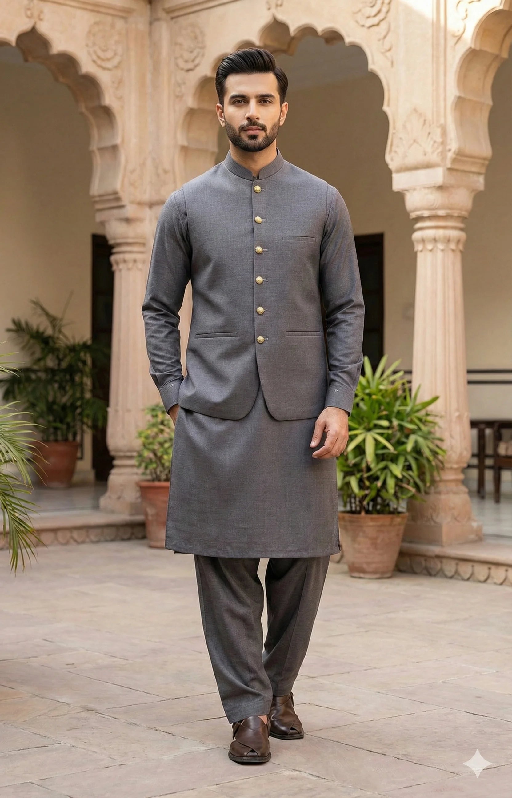 Worsted Grey Shalwar Kameez with Waistcoat