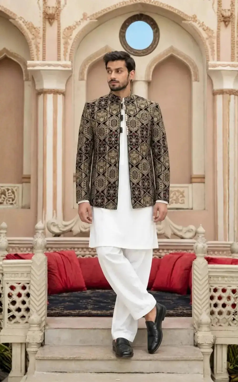 Black Velvet Embellished Open Prince Coat Last Option