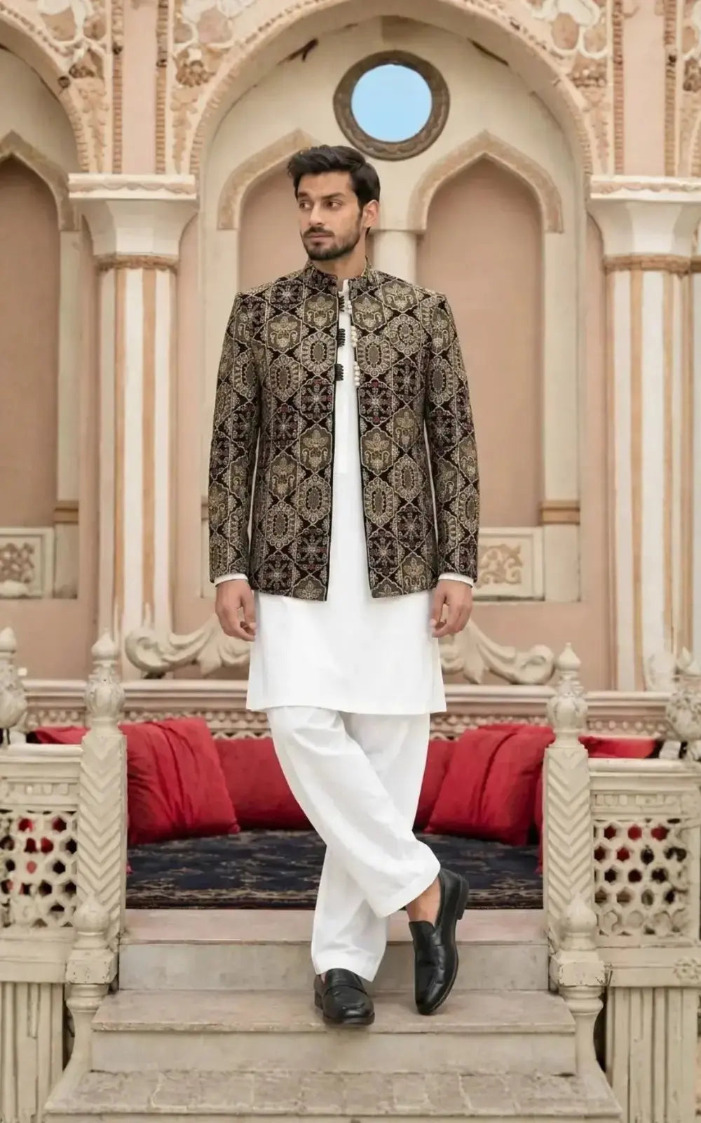 Dark Sea Green Velvet Embellished Open Prince Coat Last Option