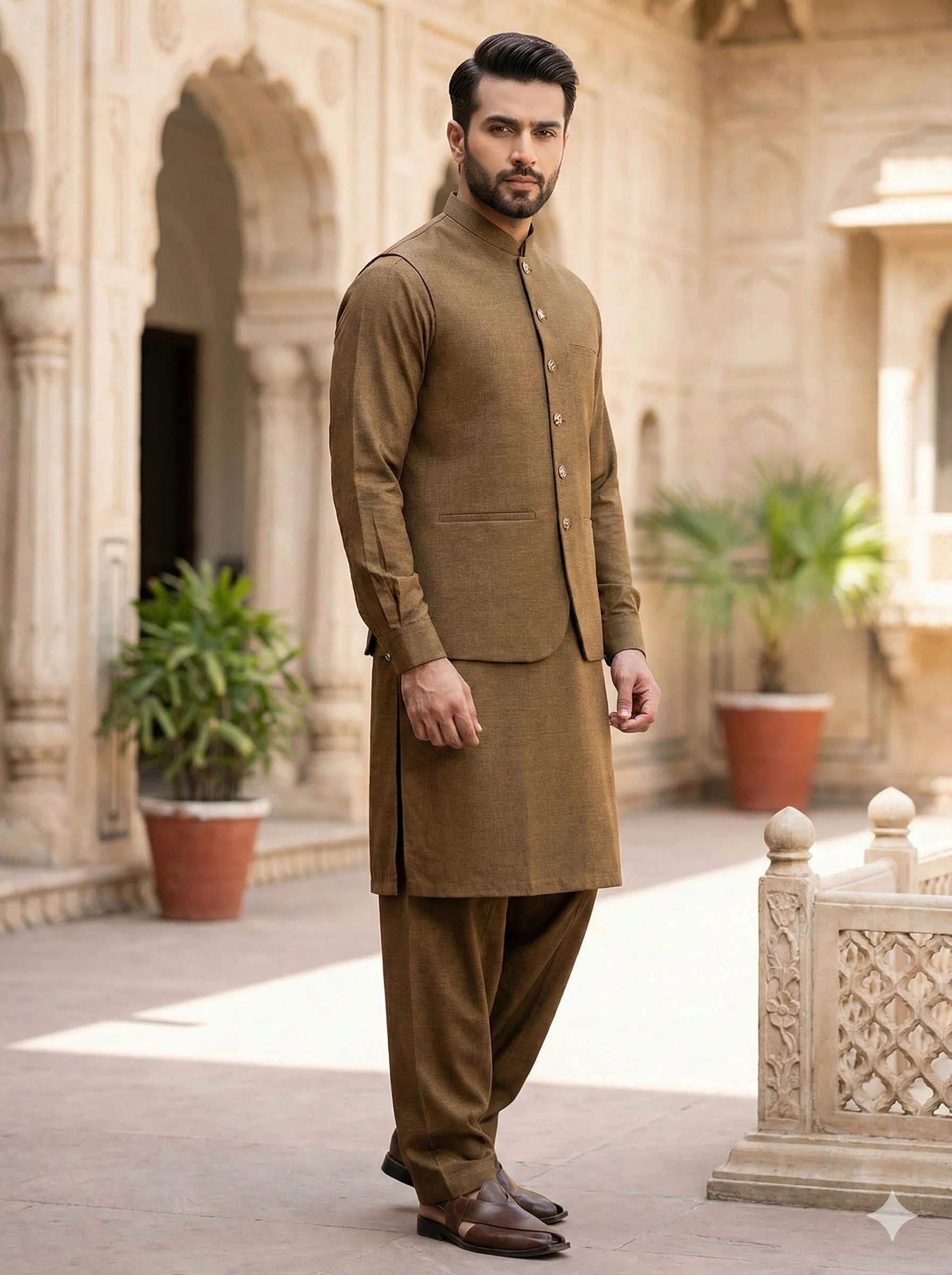 Golden Brown Shalwar Kameez with Waistcoat