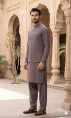 Purple Brown Shalwar Kameez with Waistcoat