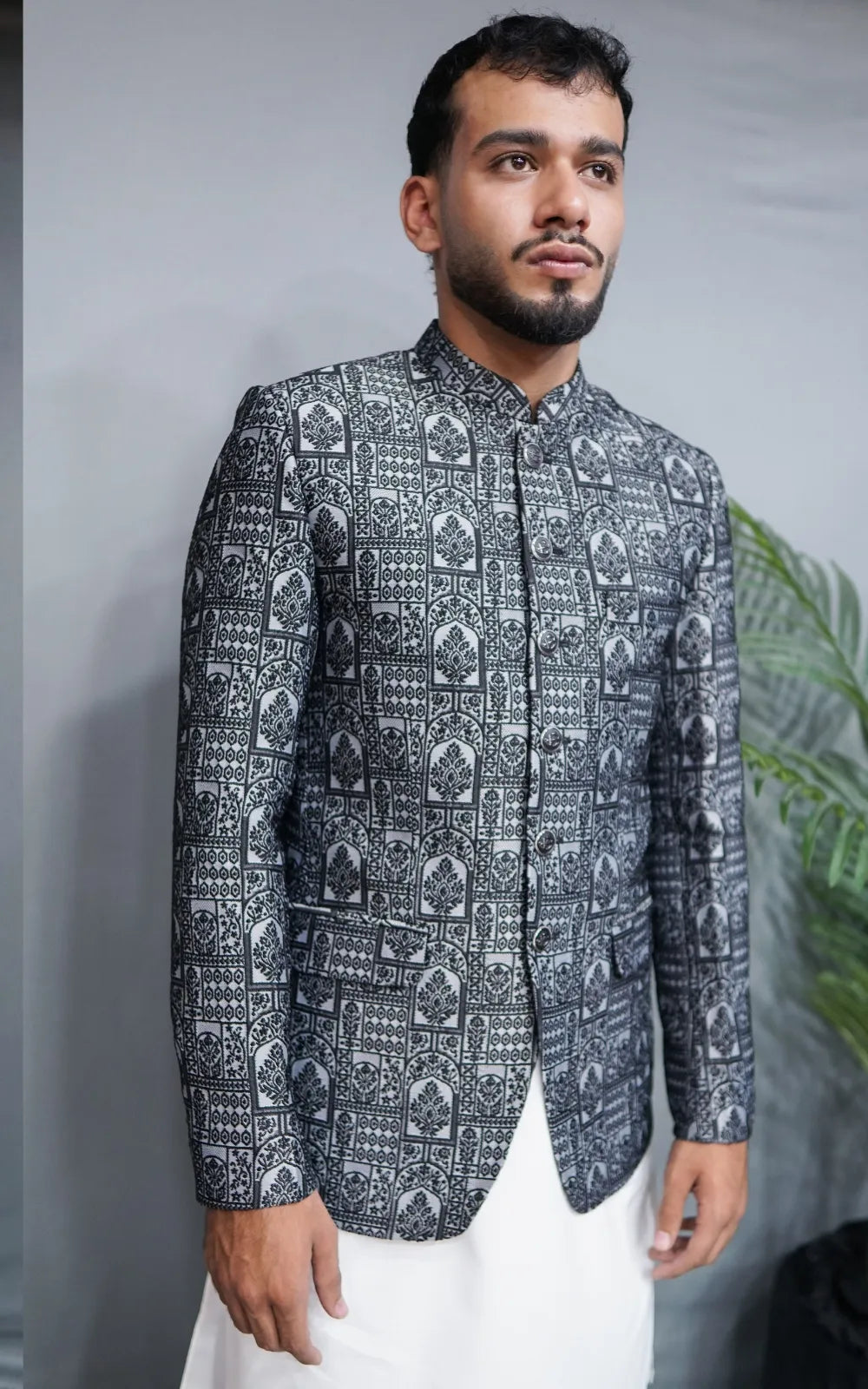 Grey & Black Patterned Prince Coat