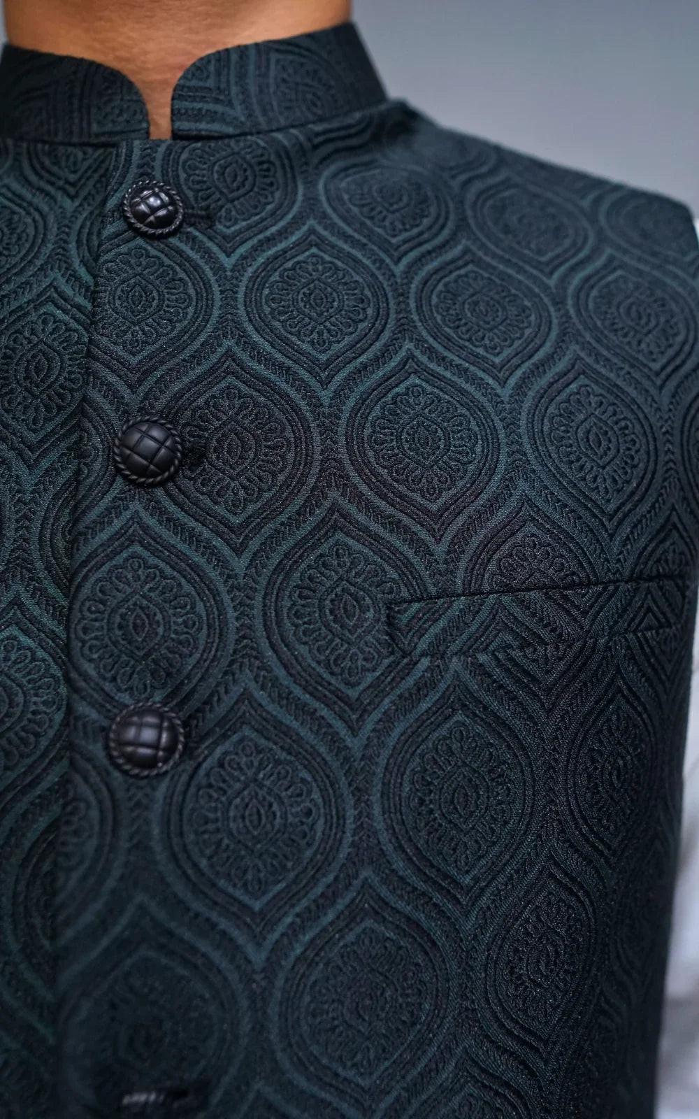 Black Self Embossed Jamawar Waistcoat