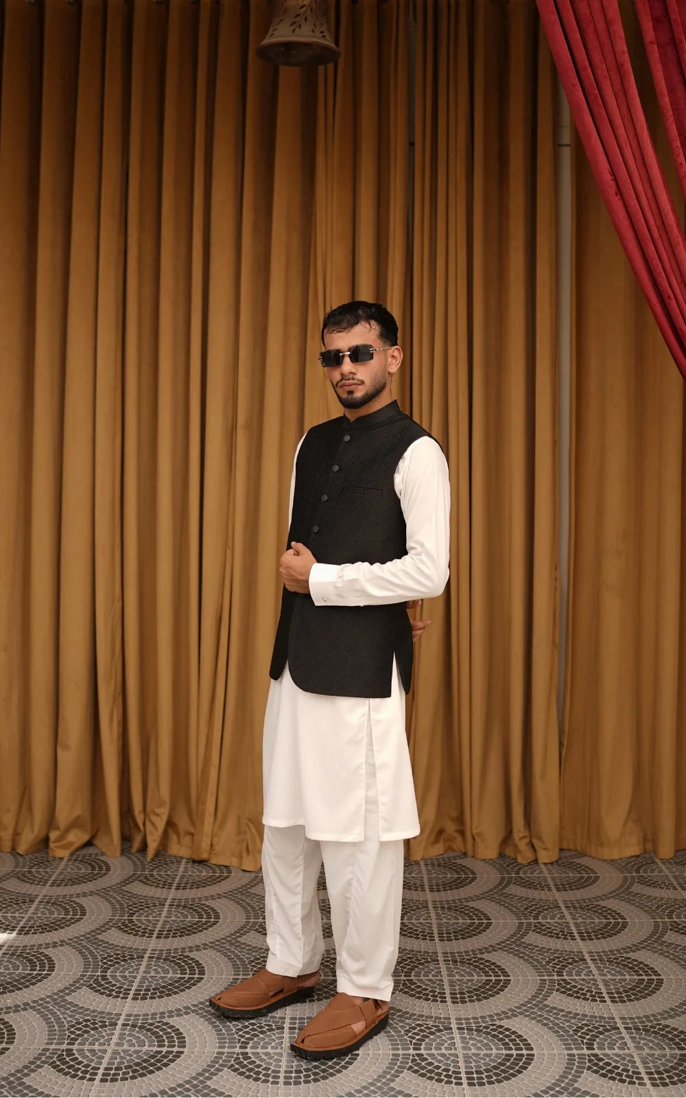 Jet Black Patterned Waistcoat