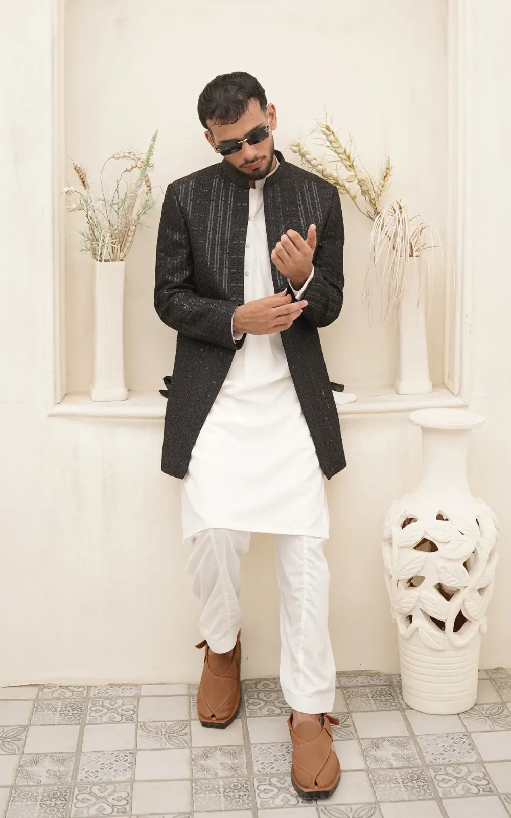 Black Textured Silky Embroidery Open Coat