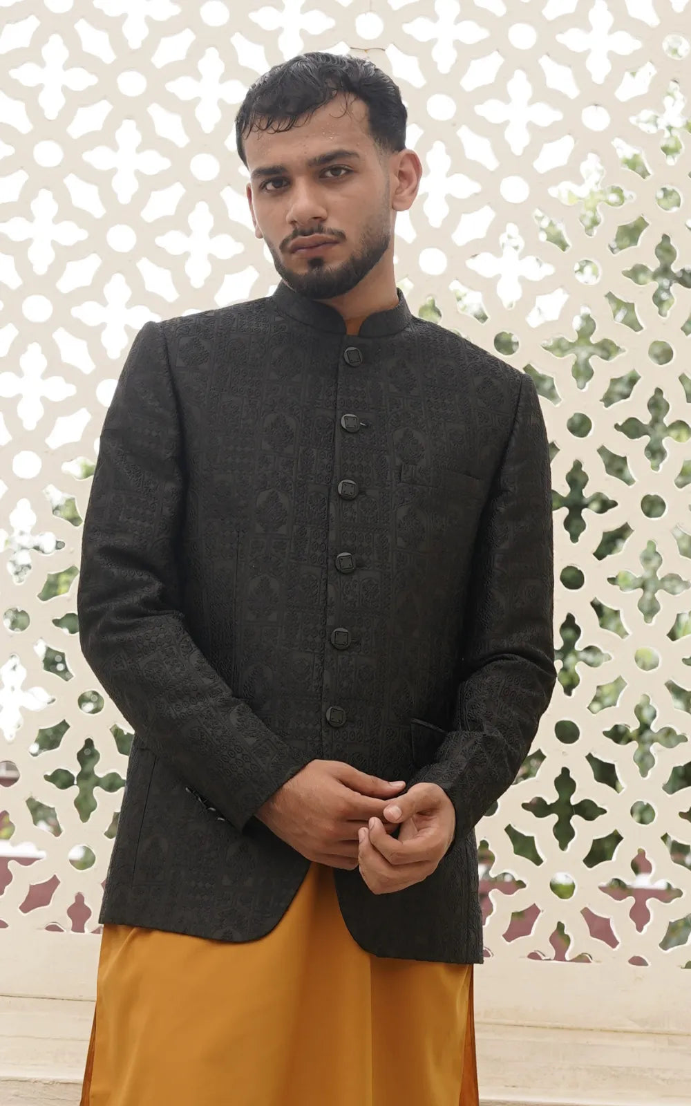 Self Embossed Jamawar Prince Coat for Wedding Events