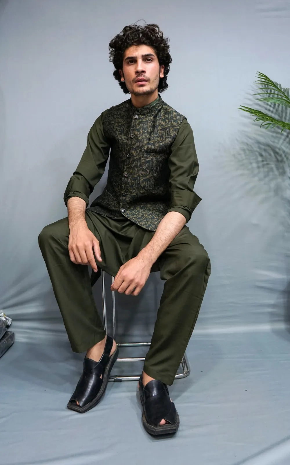 Olive Green Patterned Waistcoat