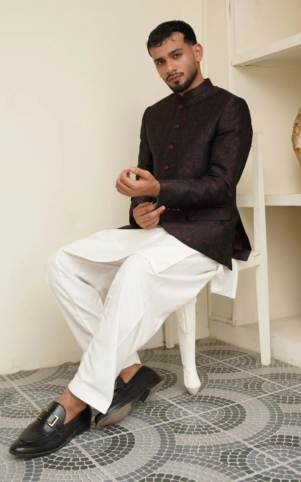 Maroon Jacquard Embroidered Prince Coat