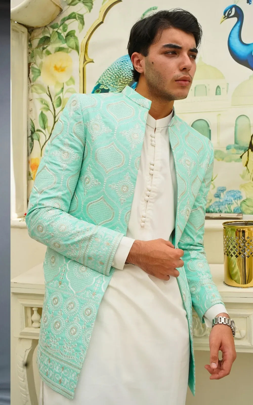 Silk Embroidered Open Coat for Men – Luxury Festive Wear
