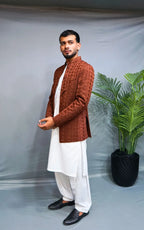 Brown Textured Embroidered Open Coat