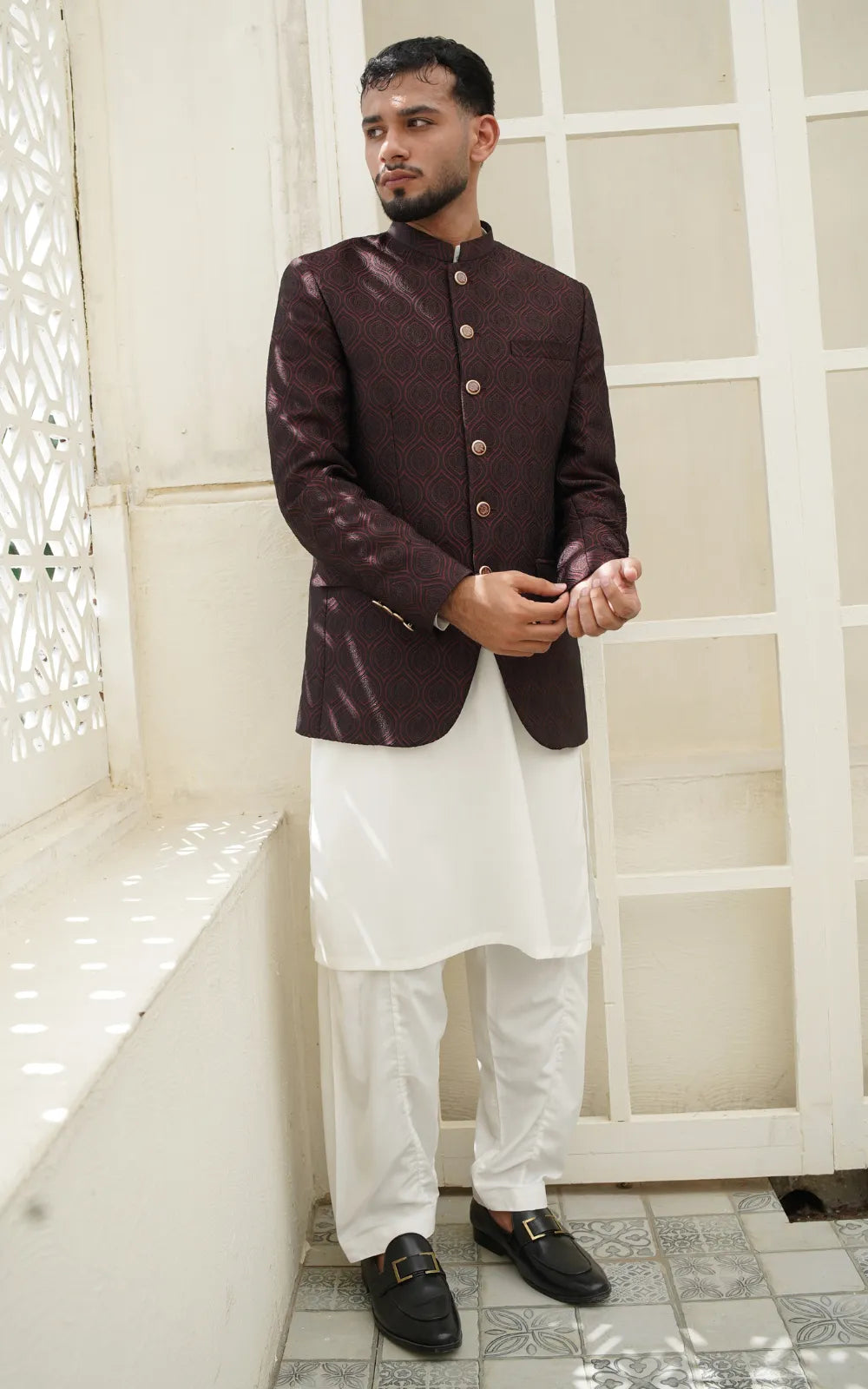 Royal Maroon Textured Prince Coat