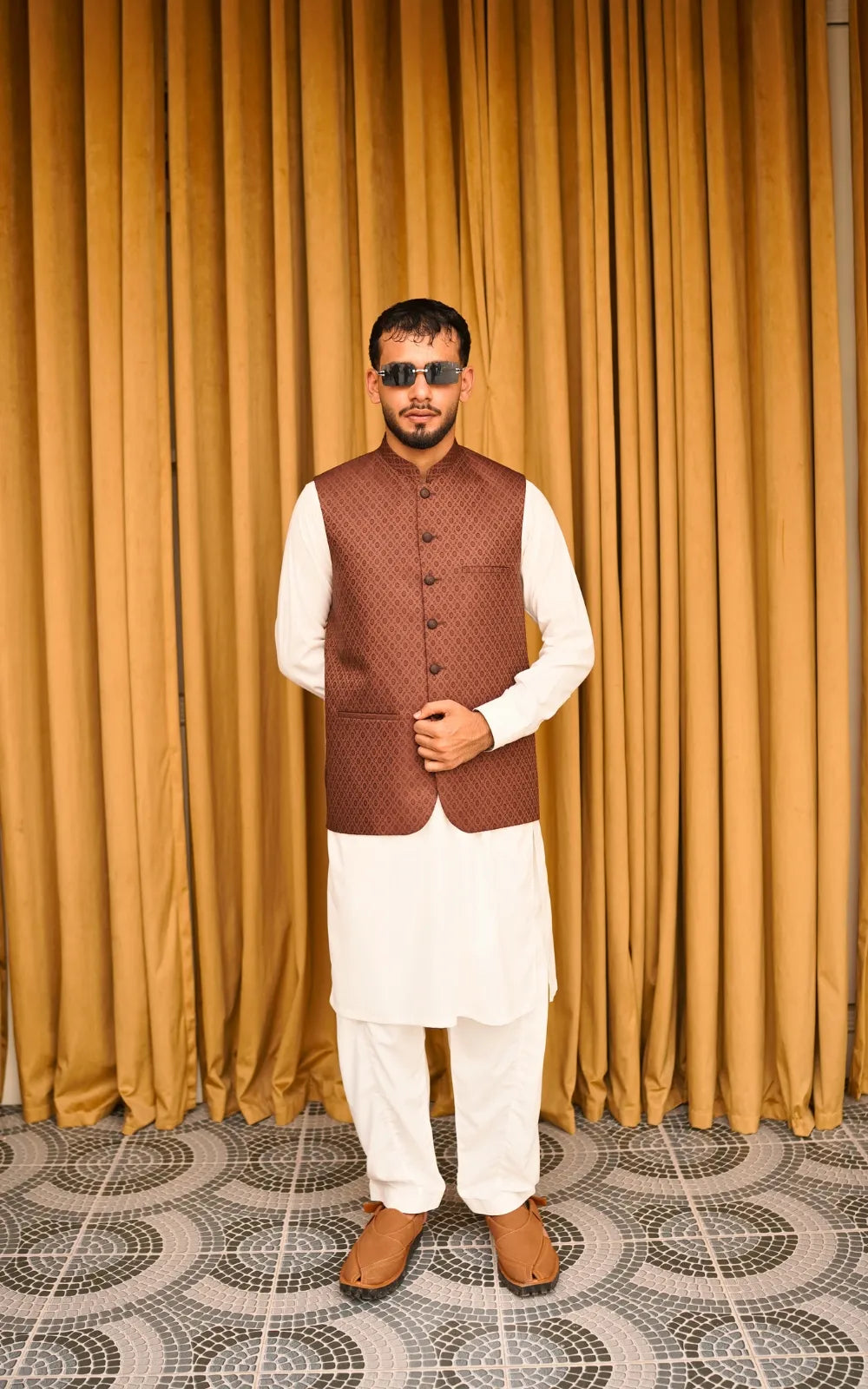 Rust Brown Patterned Waistcoat