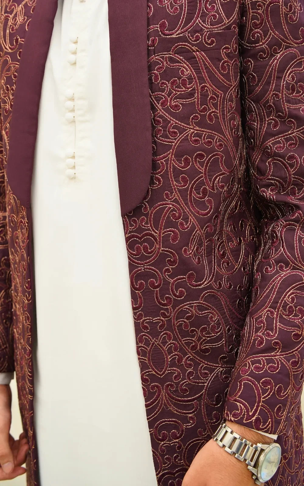 Wine Maroon Embroidered Open Gown Prince Coat