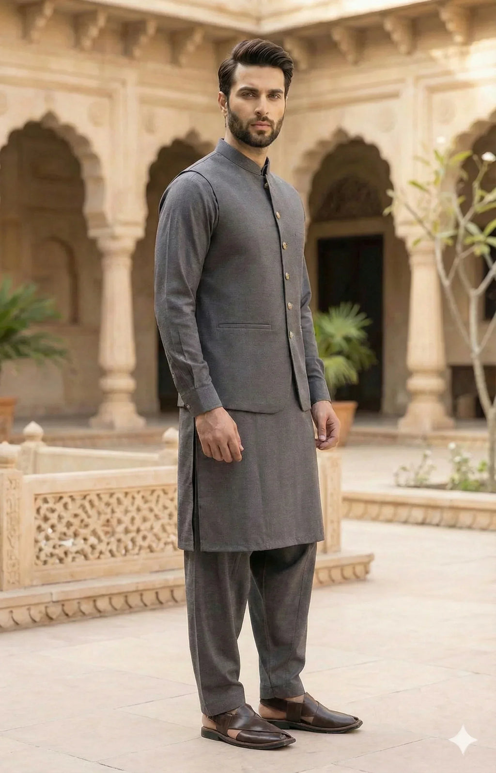 Worsted Grey Shalwar Kameez with Waistcoat
