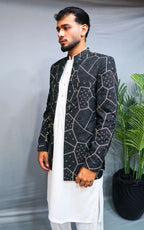 Charcoal Black Embroidered Open Coat