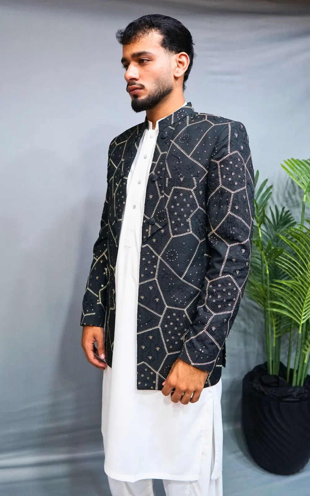 Charcoal Black Embroidered Open Coat