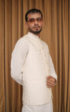 Self Embossed Jamawar Waistcoat Cream White