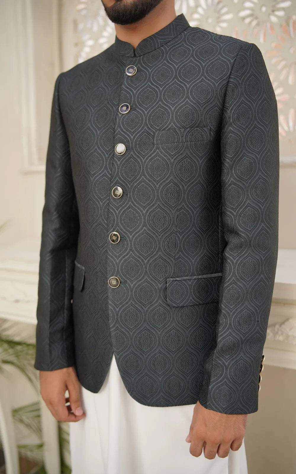 Black Jacquard Patterned Prince Coat