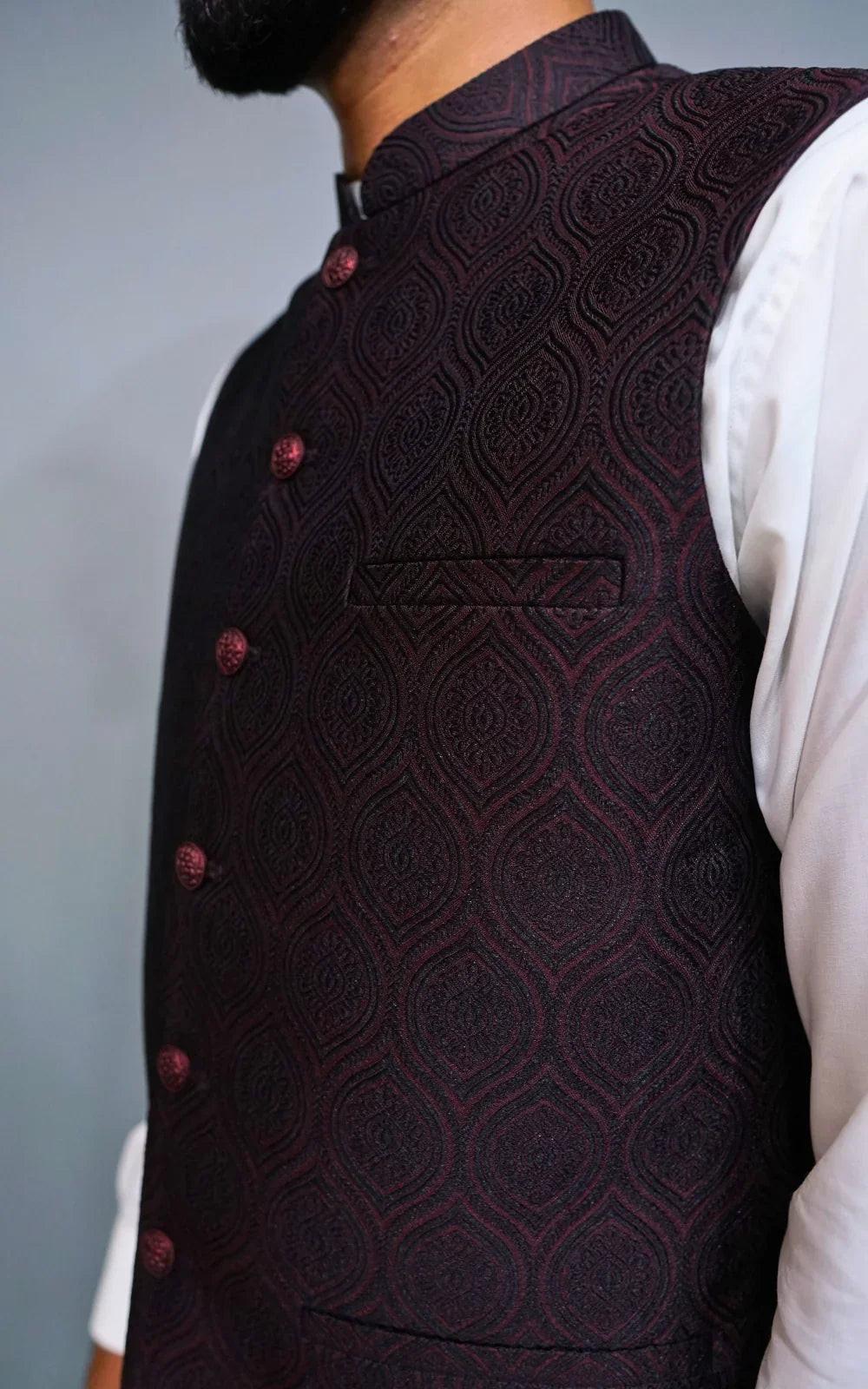 Deep Ruby Self Embossed Jamawar Waistcoat