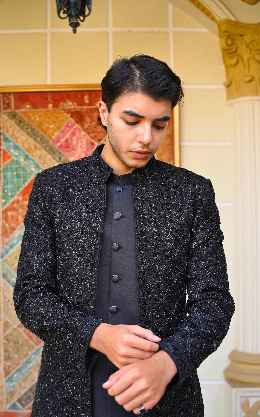 Luxury Black Handmade Embroidered Sherwani