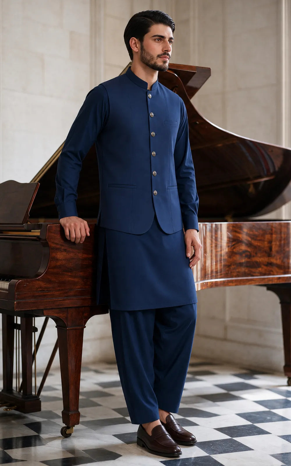 Midnight Navy Blue Shalwar Kameez with Waistcoat