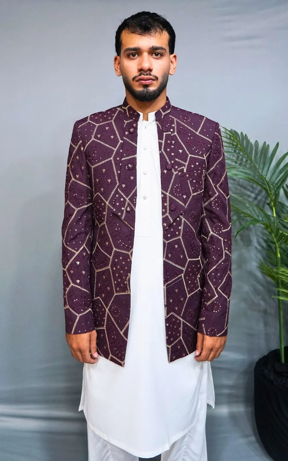 Plum Embroidered Open Coat