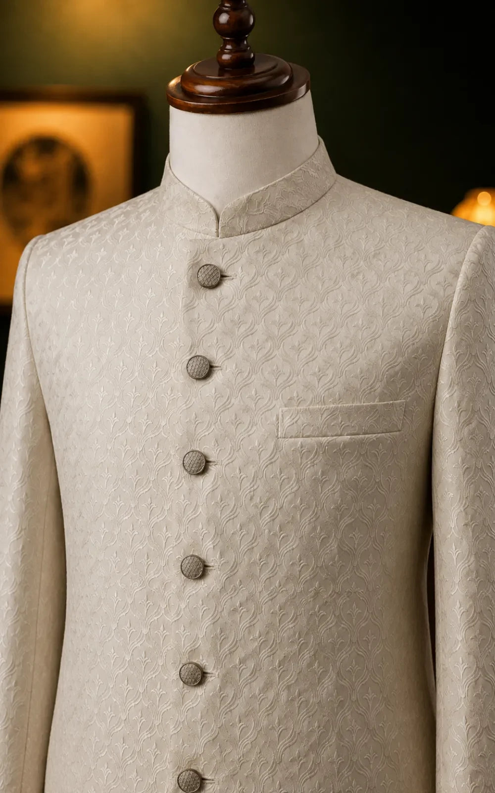 Ivory Self-Embossed Jamawar Prince Coat