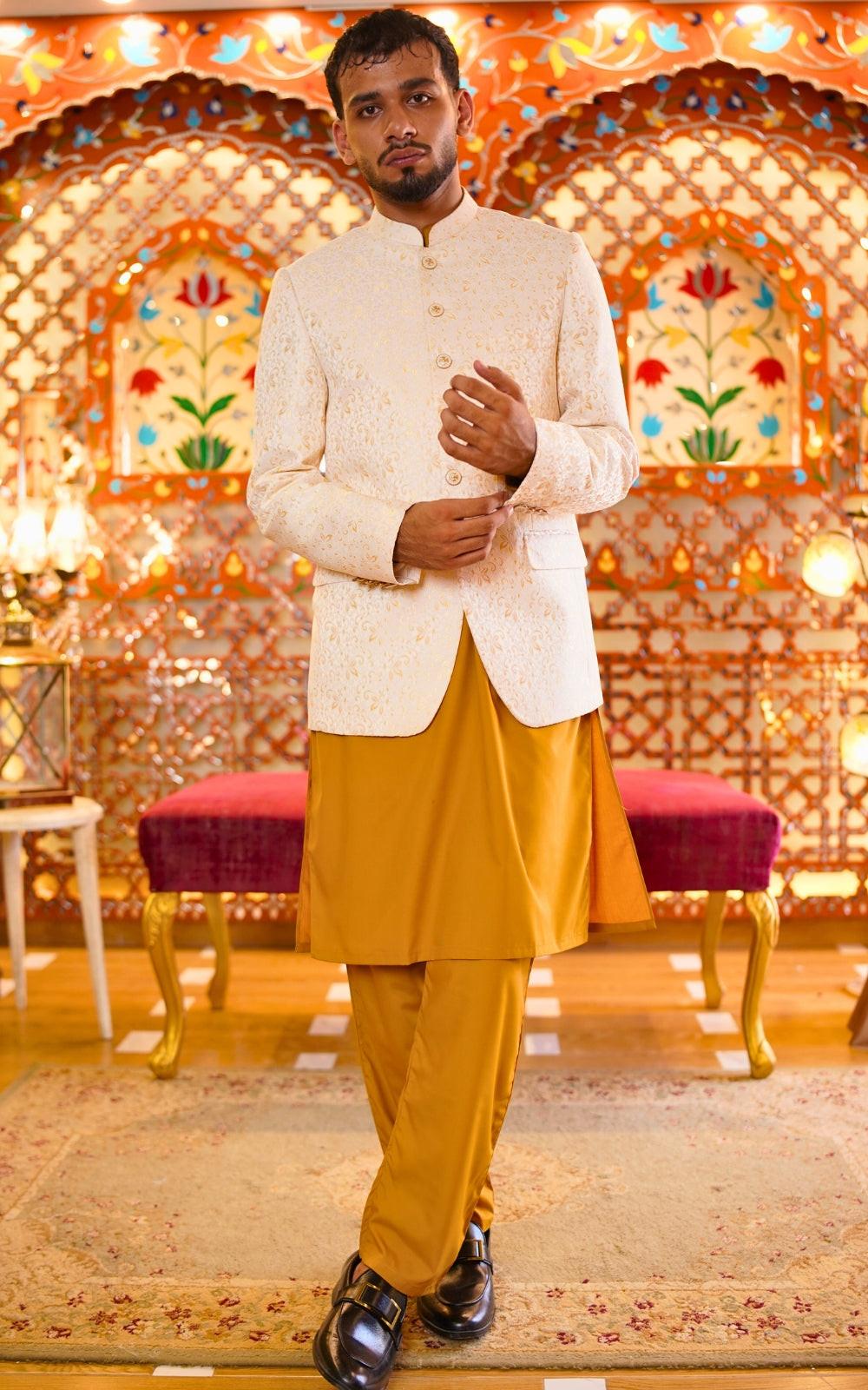 Off White Self Embossed Jamawar Coat