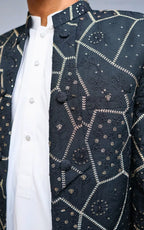 Charcoal Black Embroidered Open Coat