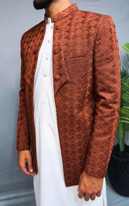 Brown Textured Embroidered Open Coat