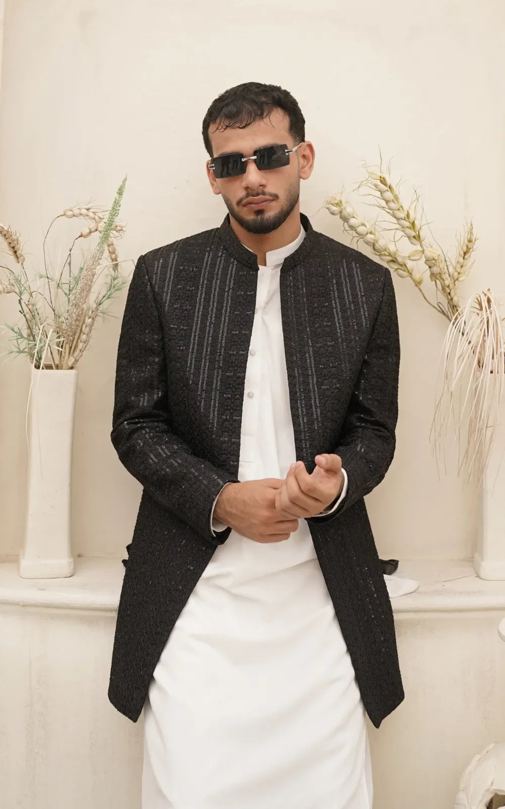 Black Textured Silky Embroidery Open Coat