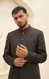 Black Self Embossed Jamawar Prince Coat for Wedding Events