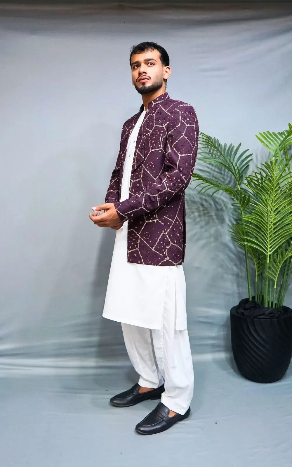 Plum Embroidered Open Coat