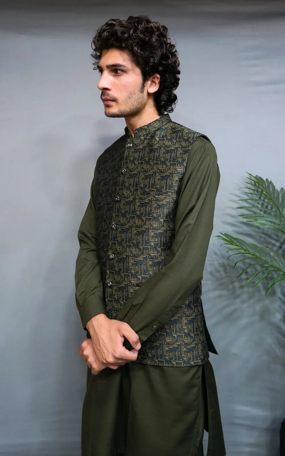 Olive Green Patterned Waistcoat