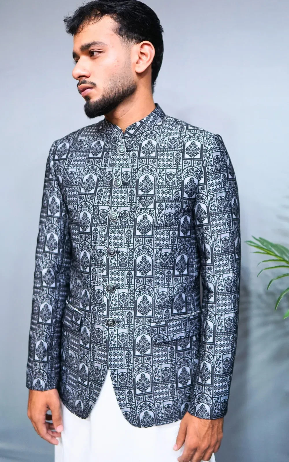 Grey & Black Patterned Prince Coat